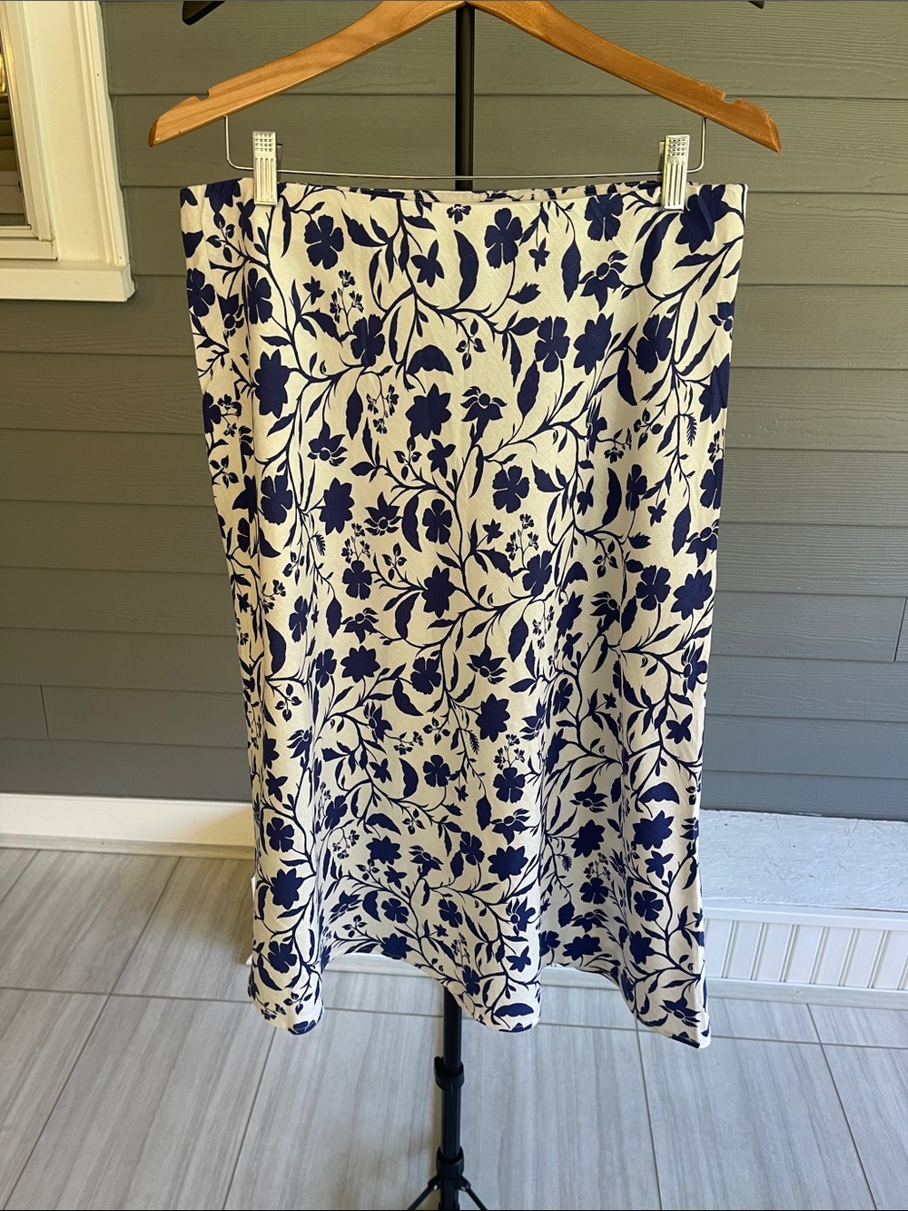Women's Cream Midi Skirt with Navy Floral Print